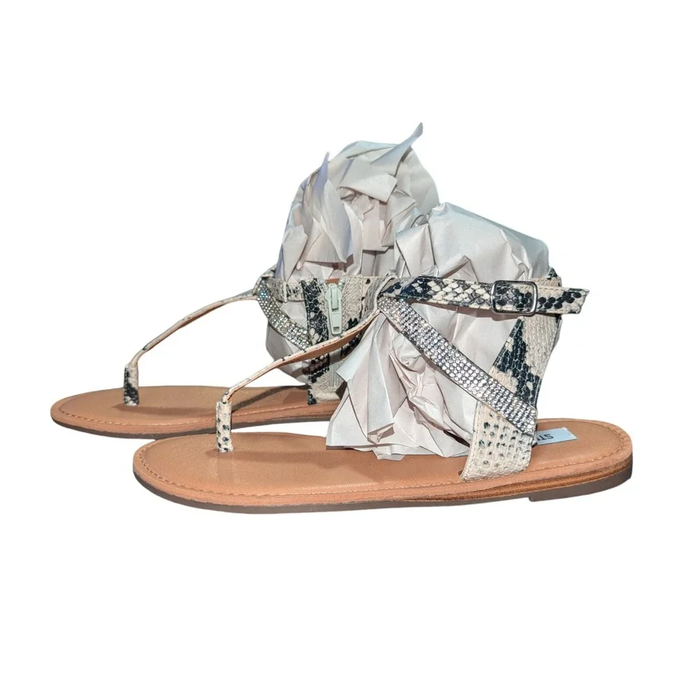 New Steve Madden Women Leven SnakeSkin‎ W/Rhinestone  Sandals Cream Size 8M B2